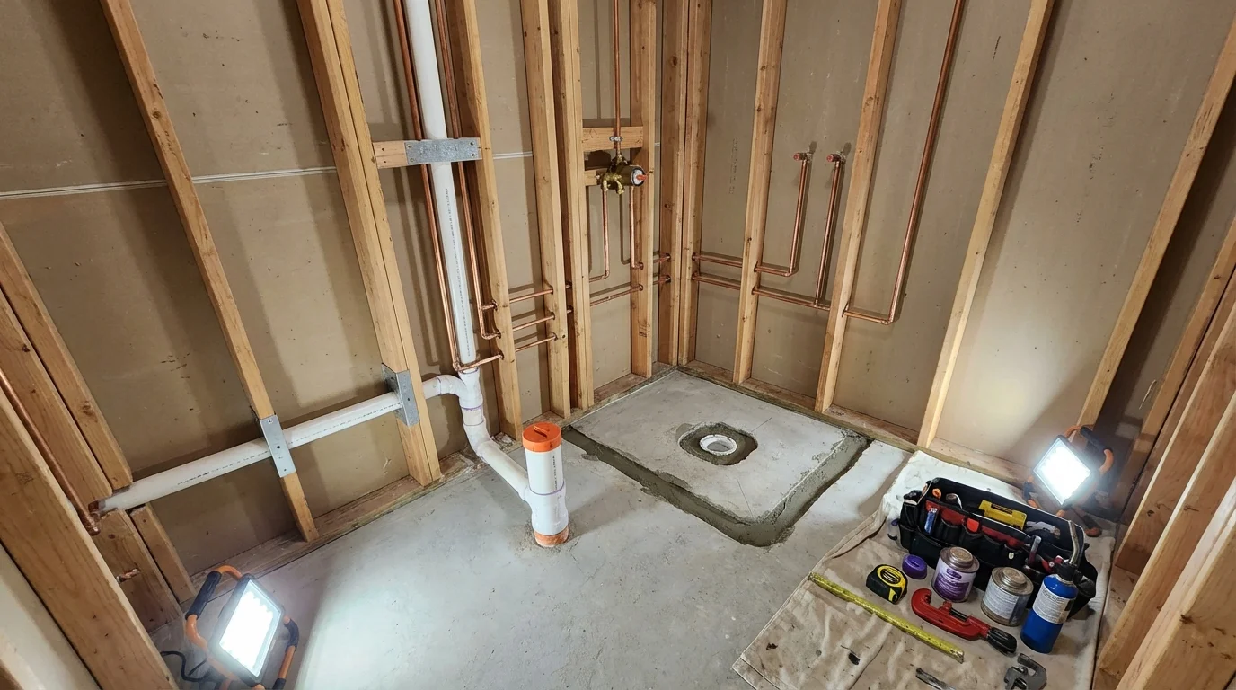 Bathroom rough-in plumbing during remodel by Johns Plumbing LLC in Tuskegee
