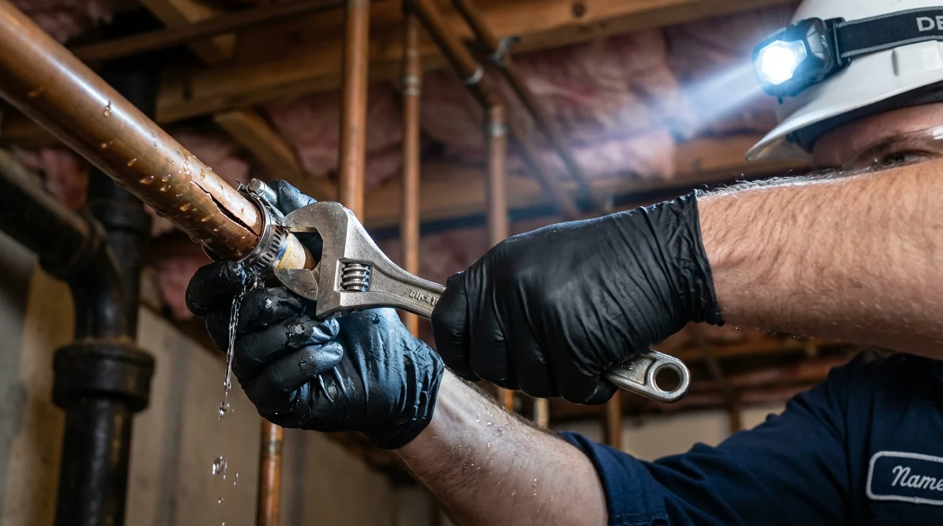 Emergency pipe clamp repair being performed by a Johns Plumbing LLC plumber in Tuskegee