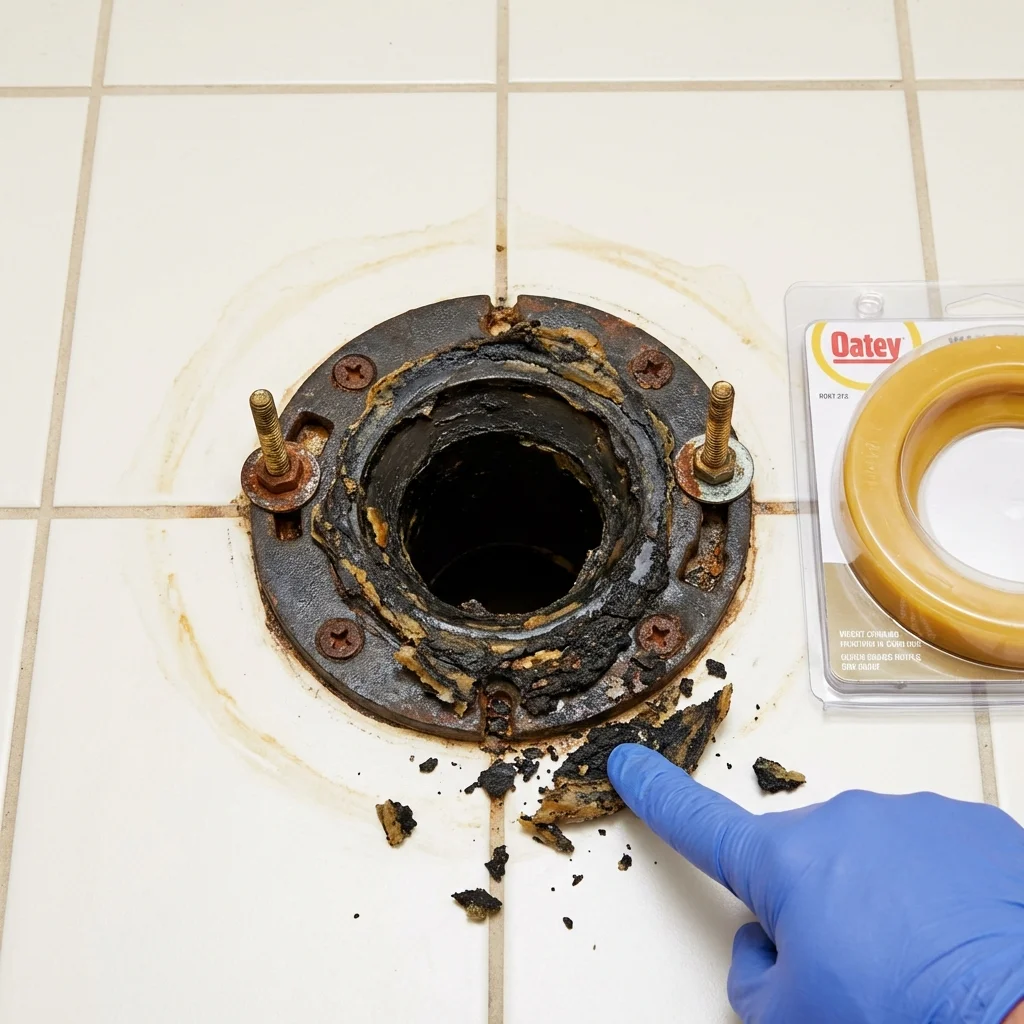 Failed wax ring showing water seepage at the base of a toilet in a Tuskegee, AL home