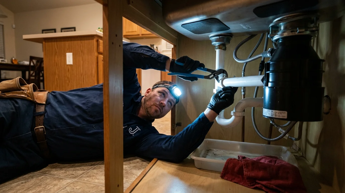 P-trap and supply line connections under a kitchen sink showing a common leak point in Tuskegee, AL
